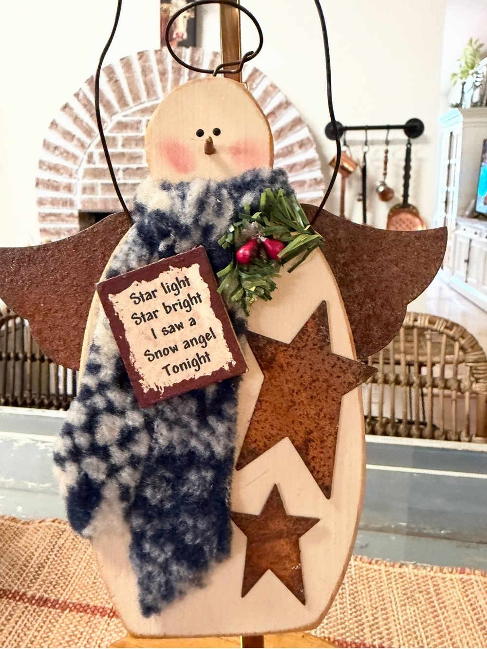 Hand Crafted Wooden Snow Angel Ornament with Blue Scarf and Rust Stars